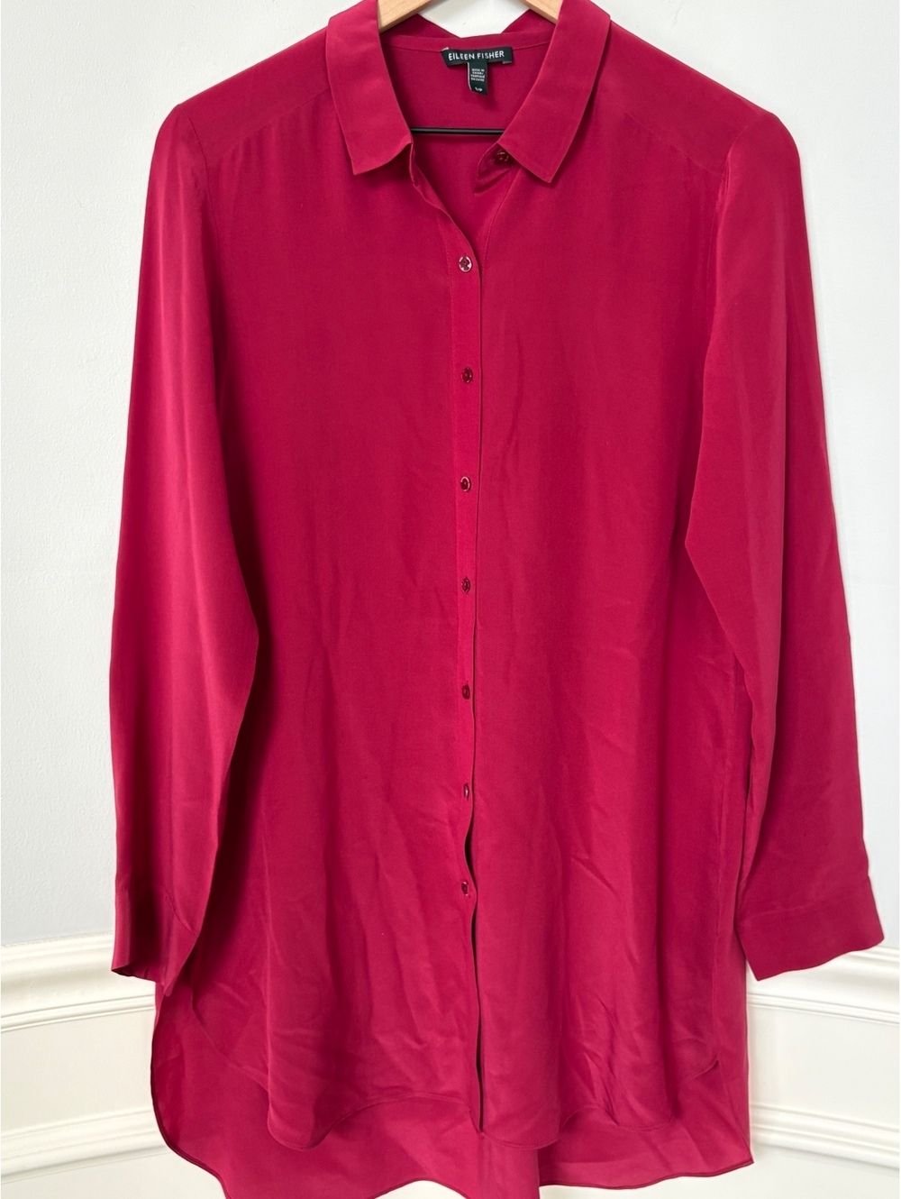 Eileen Fisher Silk Georgette Crepe Long Sleeve Shirt Dress - Magenta - Small